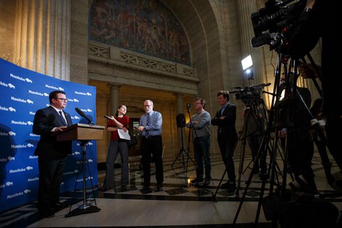 MIKE DEAL / WINNIPEG FREE PRESS
Municipal Relations Minister Jeff Wharton holds a press conference in the rotunda of the Manitoba Legislative Building Wednesday afternoon addressing the City of Winnipeg funding situation.
190206 - Wednesday, February 06, 2019.