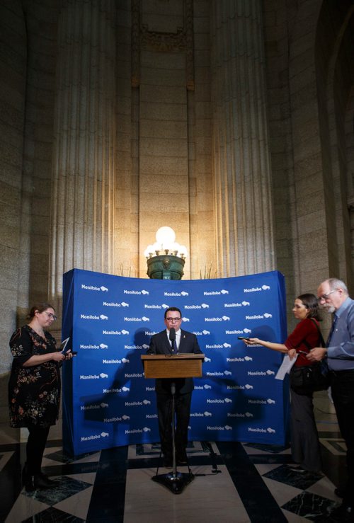 MIKE DEAL / WINNIPEG FREE PRESS
Municipal Relations Minister Jeff Wharton holds a press conference in the rotunda of the Manitoba Legislative Building Wednesday afternoon addressing the City of Winnipeg funding situation.
190206 - Wednesday, February 06, 2019.