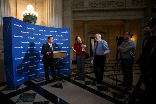 MIKE DEAL / WINNIPEG FREE PRESS
Municipal Relations Minister Jeff Wharton holds a press conference in the rotunda of the Manitoba Legislative Building Wednesday afternoon addressing the City of Winnipeg funding situation.
190206 - Wednesday, February 06, 2019.