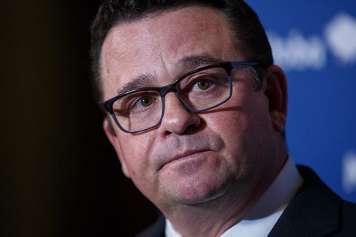 MIKE DEAL / WINNIPEG FREE PRESS
Municipal Relations Minister Jeff Wharton holds a press conference in the rotunda of the Manitoba Legislative Building Wednesday afternoon addressing the City of Winnipeg funding situation.
190206 - Wednesday, February 06, 2019.