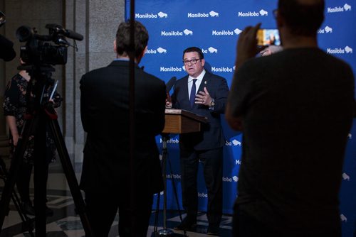 MIKE DEAL / WINNIPEG FREE PRESS
Municipal Relations Minister Jeff Wharton holds a press conference in the rotunda of the Manitoba Legislative Building Wednesday afternoon addressing the City of Winnipeg funding situation.
190206 - Wednesday, February 06, 2019.