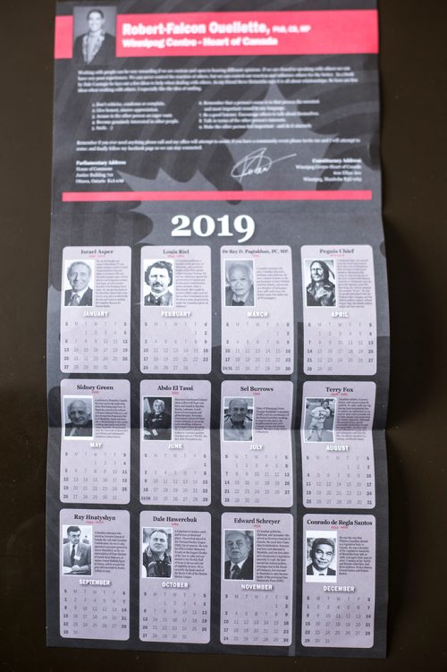 MIKAELA MACKENZIE / WINNIPEG FREE PRESS
The all-male "notable Canadians" calendar that liberal MP Robert-Falcon Ouellette sent out in Winnipeg on Wednesday, Feb. 6, 2019. 
Winnipeg Free Press 2019.