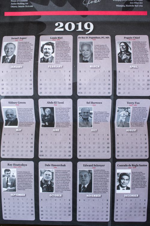 MIKAELA MACKENZIE / WINNIPEG FREE PRESS
The all-male "notable Canadians" calendar that liberal MP Robert-Falcon Ouellette sent out in Winnipeg on Wednesday, Feb. 6, 2019. 
Winnipeg Free Press 2019.