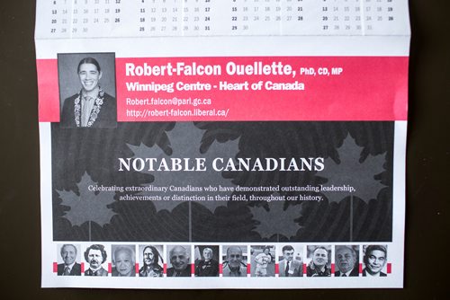 MIKAELA MACKENZIE / WINNIPEG FREE PRESS
The all-male "notable Canadians" calendar that liberal MP Robert-Falcon Ouellette sent out in Winnipeg on Wednesday, Feb. 6, 2019. 
Winnipeg Free Press 2019.