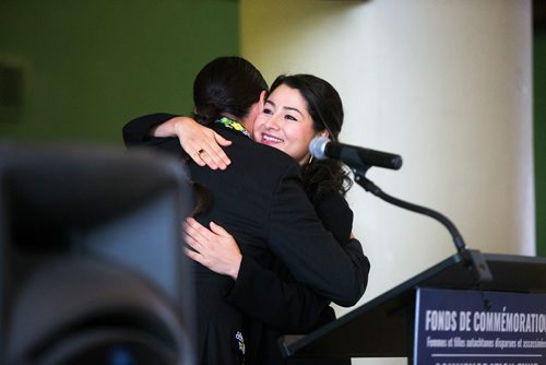 MIKAELA MACKENZIE / WINNIPEG FREE PRESS
Maryam Monsef, Minister for Women and Gender Equality, hugs MP Robert-Falcon Ouellette (who introduced her) before announcing a commemoration fund for Missing and Murdered Indigenous Women and Girls (MMIW) in Winnipeg on Thursday, Feb. 7, 2019. The Government of Canada is investing $10 million into the fund over two years, which will support commemorative initiatives that contribute to healing, increasing public awareness, and honouring MMIW across the country.
Winnipeg Free Press 2019.