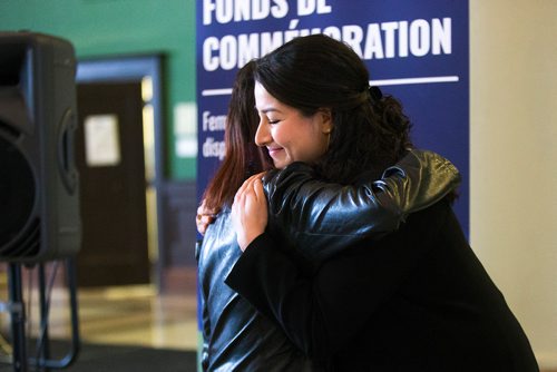 MIKAELA MACKENZIE / WINNIPEG FREE PRESS
Maryam Monsef, Minister for Women and Gender Equality (right), hugs Sue Caribou, who has had many missing and murdered family members, after announcing a commemoration fund for Missing and Murdered Indigenous Women and Girls (MMIW) in Winnipeg on Thursday, Feb. 7, 2019. The Government of Canada is investing $10 million into the fund over two years, which will support commemorative initiatives that contribute to healing, increasing public awareness, and honouring MMIW across the country.
Winnipeg Free Press 2019.