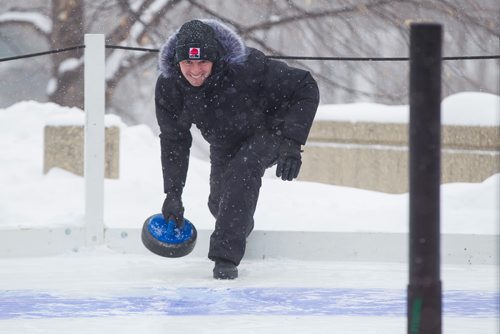 MIKE DEAL / WINNIPEG FREE PRESS
The Second Annual International Crokicurl Tournaspiel took place despite the blowing snow at The Forks with Winnipegs Mayor Brian Bowman, Winklers Mayor Martin Harder, and Steinbachs Mayor Erik Funk battling it out for The Mayors Cup Thursday morning.
Mayor Bowman throws a rock during a game against Winklers Mayor Martin Harder.
190207 - Thursday, February 07, 2019.