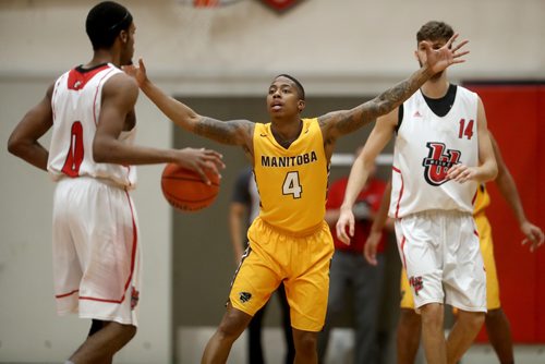 TREVOR HAGAN / WINNIPEG FREE PRESS 
Manitoba Bisons' guard Rashawn Browne (4) versus the Winnipeg Wesmen during a single game elimination, Wednesday, February 6, 2019.