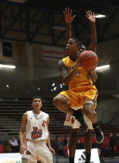 TREVOR HAGAN / WINNIPEG FREE PRESS 
Manitoba Bisons' guard Rashawn Browne (4) versus the Winnipeg Wesmen during a single game elimination, Wednesday, February 6, 2019.