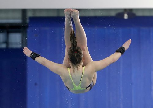 TREVOR HAGAN / WINNIPEG FREE PRESS
Talia Wootton, from the Ottawa National Diving Club, diving from the 10m platform at Pan Am Pool during the 2010 Polar Bear Classic, Friday, February 8, 2019.