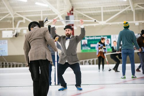 MIKAELA MACKENZIE / WINNIPEG FREE PRESS
Ross Guile-Hardy dances on the ice at the MB Music Rocks charity bonspiel at Granite Curling Club in Winnipeg on Saturday, Feb. 9, 2019.
Winnipeg Free Press 2019.