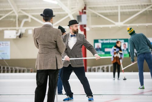 MIKAELA MACKENZIE / WINNIPEG FREE PRESS
Ross Guile-Hardy dances on the ice at the MB Music Rocks charity bonspiel at Granite Curling Club in Winnipeg on Saturday, Feb. 9, 2019.
Winnipeg Free Press 2019.
