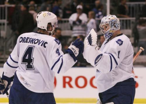 Toronto Marlies goaltender Justin Pogge celebrates a win over the Manitoba Moose with teammate Phil Oreskovic during AHL playoff action at the Ricoh Centre in Toronto, ON Sunday, April 19, 2009. Darren Calabrese for The Winnipeg Free Press