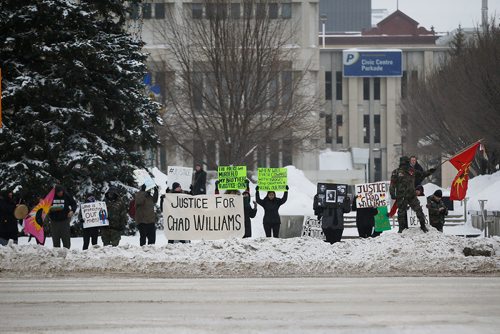 JOHN WOODS / WINNIPEG FREE PRESS
People gather outside Winnipeg's City Hall to protest the January 11th police shooting of Chad Williams on Sherbrook Street, Monday, February 11, 2019.