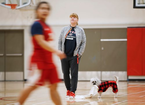 JOHN WOODS / WINNIPEG FREE PRESS
The University of Winnipeg (U of W) Wesmen women's basketball head coach Tanya McKay and her dog Brinny watch their team practice at the University of Winnipeg Tuesday, February 12, 2019. The Wesmen teams have advanced to the second round of the Canada West conference playoffs.