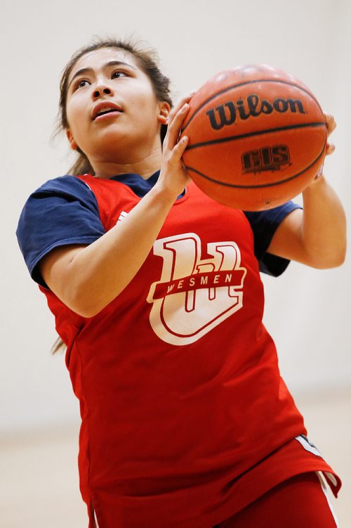 JOHN WOODS / WINNIPEG FREE PRESS
The University of Winnipeg (U of W) Wesmen women's basketball player Farrah Castillo takes the shot during  practice at the University of Winnipeg Tuesday, February 12, 2019. The Wesmen teams have advanced to the second round of the Canada West conference playoffs.