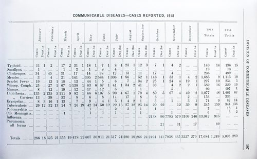 MIKAELA MACKENZIE / WINNIPEG FREE PRESS
Charts and graphs in the 1918 annual report of the Health Department at the City of Winnipeg Archives in Winnipeg on Wednesday, Feb. 13, 2019.
Winnipeg Free Press 2019.