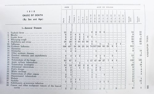 MIKAELA MACKENZIE / WINNIPEG FREE PRESS
Charts and graphs in the 1918 annual report of the Health Department at the City of Winnipeg Archives in Winnipeg on Wednesday, Feb. 13, 2019.
Winnipeg Free Press 2019.