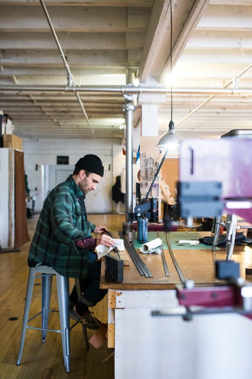 MIKAELA MACKENZIE / WINNIPEG FREE PRESS
Co-owner of Wilder Goods, Brendon Friesen, works in his retail and workshop space in the exchange district in Winnipeg on Friday, Feb. 8, 2019.
Winnipeg Free Press 2019.