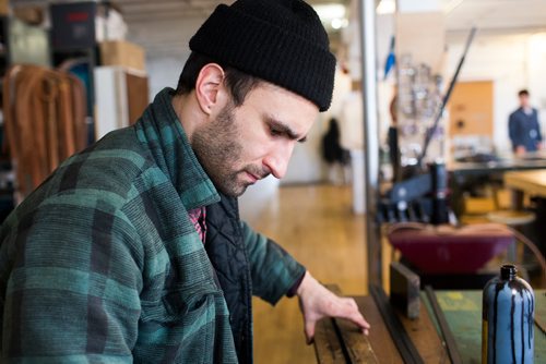 MIKAELA MACKENZIE / WINNIPEG FREE PRESS
Co-owner of Wilder Goods, Brendon Friesen, works in his retail and workshop space in the exchange district in Winnipeg on Friday, Feb. 8, 2019.
Winnipeg Free Press 2019.