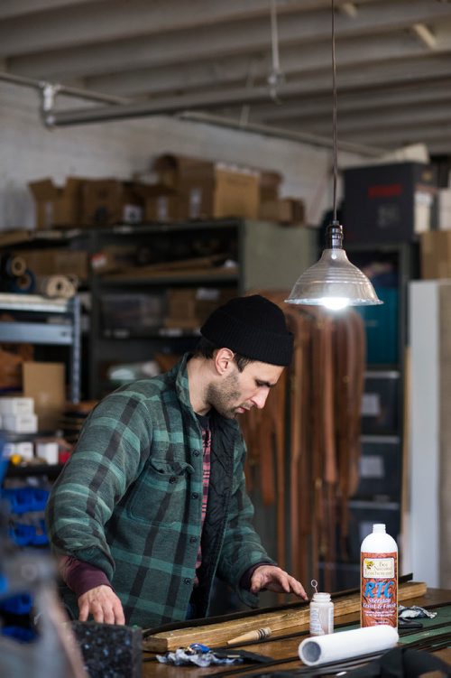 MIKAELA MACKENZIE / WINNIPEG FREE PRESS
Co-owner of Wilder Goods, Brendon Friesen, works in his retail and workshop space in the exchange district in Winnipeg on Friday, Feb. 8, 2019.
Winnipeg Free Press 2019.