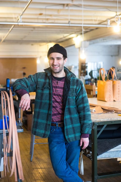 MIKAELA MACKENZIE / WINNIPEG FREE PRESS
Co-owner of Wilder Goods, Brendon Friesen, poses for a portrait in his retail and workshop space in the exchange district in Winnipeg on Friday, Feb. 8, 2019.
Winnipeg Free Press 2019.