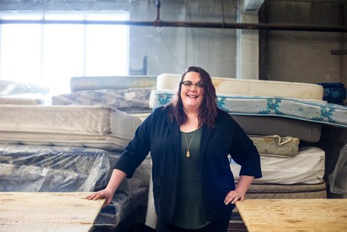 MIKAELA MACKENZIE / WINNIPEG FREE PRESS
Jessica Floresco, general manager of Mother Earth Recycling, poses with mattresses and mattress parts at the recycling depot in Winnipeg on Wednesday, Feb. 13, 2019.
Winnipeg Free Press 2019.