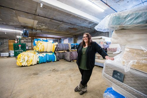 MIKAELA MACKENZIE / WINNIPEG FREE PRESS
Jessica Floresco, general manager of Mother Earth Recycling, poses with mattresses and mattress parts at the recycling depot in Winnipeg on Wednesday, Feb. 13, 2019.
Winnipeg Free Press 2019.