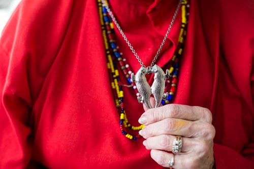 MIKAELA MACKENZIE / WINNIPEG FREE PRESS
Lucienne Beaudry Loiselle, who has been a volunteer at Festival du Voyageur since 1969, poses for a portrait in costume in Winnipeg on Wednesday, Feb. 13, 2019. The trade silver necklace with kissing otters was meant to keep husbands faithful while they were overseas.
Winnipeg Free Press 2019.