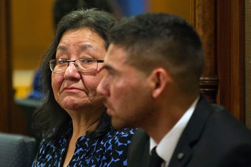 PHIL HOSSACK / WINNIPEG FREE PRESS - Jonathan Meikle's mother Gertrude Meikle proudly looks at her son Wednesday evening as he receives his Silver Medal for Bravery from the Royal Canadian Humane Association Bravery Awards in a ceremony at Government House on Wednesday presented by Lieutenant-Governor Janice C. Filmon will present two .
In November 2018, Matthew Shorting and Jonathan Meikle came to the aid of a passenger on a City of Winnipeg transit bus who was being threatened by another passenger.  Though successful in keeping their fellow passengers safe by removing the individual from the bus and restraining him until police arrived, Meikle was stabbed during the altercation and required stitches.  Kevin Rollason story. February 13, 2019

