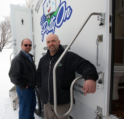 PHIL HOSSACK / WINNIPEG FREE PRESS - Paul Levreault (right) and Daryle Kaskiw operate Potty-On, a portable potty service for upscale events. The potty is actually a trailer with running water, etc. See Bill Redekop's story. February 13, 2019