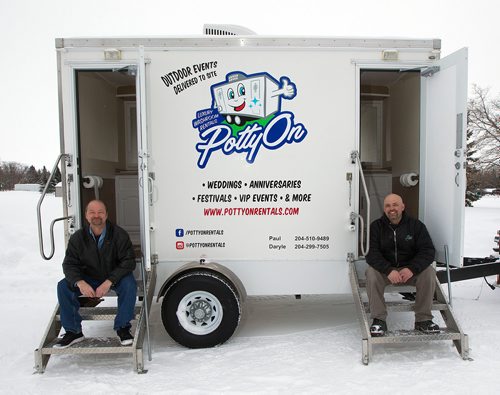 PHIL HOSSACK / WINNIPEG FREE PRESS - Paul Levreault (right) and Daryle Kaskiw operate Potty-On, a portable potty service for upscale events. The potty is actually a trailer with running water, etc. See Bill Redekop's story. February 13, 2019