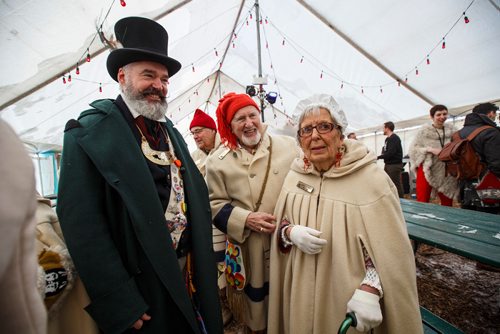 MIKE DEAL / WINNIPEG FREE PRESS
During the opening ceremonies of the 50th Festival du Voyageur, (from left) Official Voyageur 2019 Robert Régnier welcomes Gabriel Forest and his wife Marcelle who were official Voyageurs in 1990-91. Gabriels brother was George Forest who was the creator of the Festival in 1969 for the provinces centennial celebrations.
190214 - Thursday, February 14, 2019.