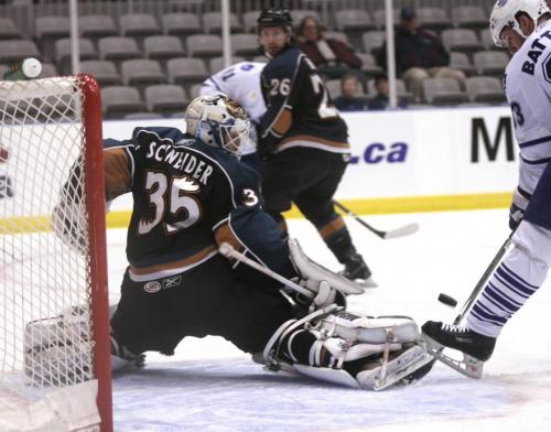 April 21, 2009, 2009 -  Manitoba Moose goalie Cory Schneider saves the puck during playoffs action against the Toronto Marlies at the Ricoh Centre in Toronto on April 21, 2009.  Photo by Colin O'Connor for The Winnipeg Free Press.