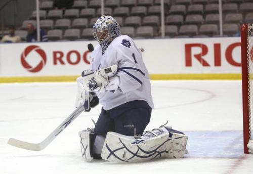 April 21, 2009, 2009 -  Toronto Marlies goaltender Justin Pogge makes a save against the Manitoba Moose during playoff actionat the Ricoh Centre in Toronto on April 21, 2009.  Photo by Colin O'Connor for The Winnipeg Free Press.