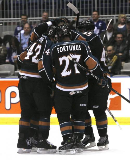 April 21, 2009, 2009 -  Manitoba Moose defensive player Maxime Fortunus celebrates his second period goal against the Toronto Marlies during second period playoff action at the Ricoh Centre in Toronto on April 21, 2009.  Manitoba won the game 5-1. Photo by Colin O'Connor for The Winnipeg Free Press.