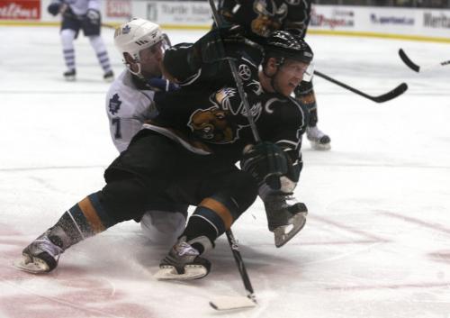 April 21, 2009, 2009 -  Manitoba Moose Captain Mike Keane slides towards the boards during third period playoff action against the Toronto Marlies at the Ricoh Centre in Toronto on April 21, 2009.  Manitoba won the game 5-1. Photo by Colin O'Connor for The Winnipeg Free Press.