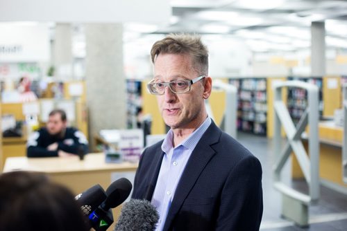 MIKAELA MACKENZIE / WINNIPEG FREE PRESS
Ed Cuddy, manager of library services, talks to the media about the introduction of new security measures, including bag checks and metal detector sweeps, at the Millennium Library in Winnipeg on Friday, Feb. 15, 2019.
Winnipeg Free Press 2019.