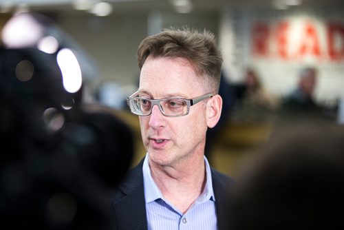 MIKAELA MACKENZIE / WINNIPEG FREE PRESS
Ed Cuddy, manager of library services, talks to the media about the introduction of new security measures, including bag checks and metal detector sweeps, at the Millennium Library in Winnipeg on Friday, Feb. 15, 2019.
Winnipeg Free Press 2019.