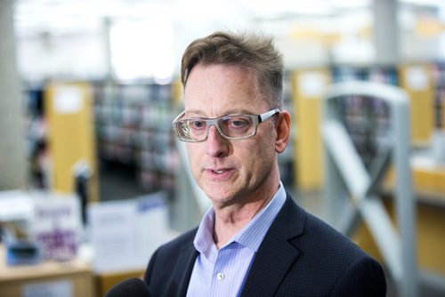 MIKAELA MACKENZIE / WINNIPEG FREE PRESS
Ed Cuddy, manager of library services, talks to the media about the introduction of new security measures, including bag checks and metal detector sweeps, at the Millennium Library in Winnipeg on Friday, Feb. 15, 2019.
Winnipeg Free Press 2019.