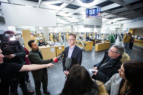 MIKAELA MACKENZIE / WINNIPEG FREE PRESS
Ed Cuddy, manager of library services, talks to the media about the introduction of new security measures, including bag checks and metal detector sweeps, at the Millennium Library in Winnipeg on Friday, Feb. 15, 2019.
Winnipeg Free Press 2019.