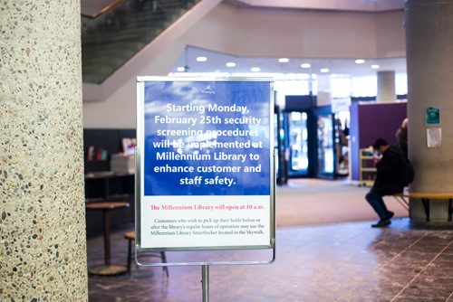 MIKAELA MACKENZIE / WINNIPEG FREE PRESS
A sign at the Millennium Library introducing new security measures, including bag checks and metal detector sweeps, at in Winnipeg on Friday, Feb. 15, 2019.
Winnipeg Free Press 2019.