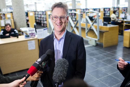 MIKAELA MACKENZIE / WINNIPEG FREE PRESS
Ed Cuddy, manager of library services, talks to the media about the introduction of new security measures, including bag checks and metal detector sweeps, at the Millennium Library in Winnipeg on Friday, Feb. 15, 2019.
Winnipeg Free Press 2019.