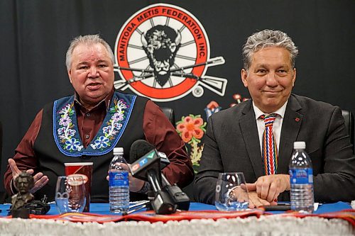MIKE DEAL / WINNIPEG FREE PRESS
MMF president David Chartrand (left) along with Dan Vandal (right) federal MP for Saint-Boniface-Sain-Vital announced the launch of the Metis First Time Home Purchase Program at the MMF Head Office Friday morning.
190215 - Friday, February 15, 2019.