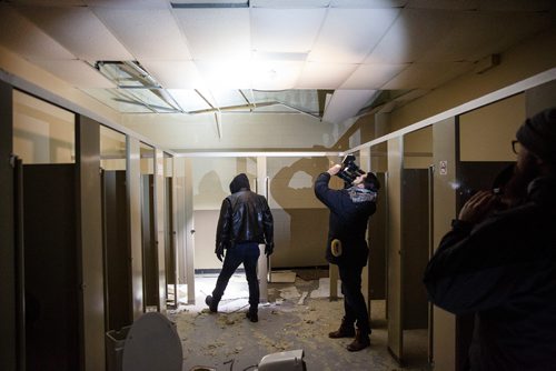 MIKE DEAL / WINNIPEG FREE PRESS
Bear Clan Patrol co-founder James Favel takes media on a tour of the Indian and Métis Friendship Centre the morning after a Bear Clan Patrol noticed that one of the buildings doors was open. When they entered they discovered it had been robbed and gutted. The building had been closed and without power some time.
This is the women's bathroom.
190216 - Saturday, February 16, 2019.