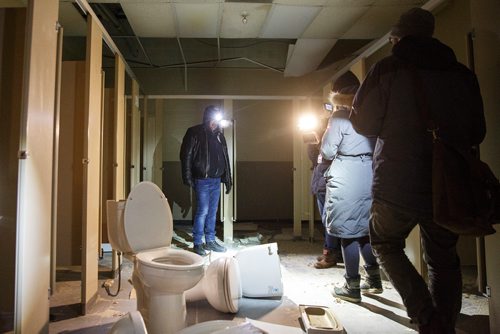 MIKE DEAL / WINNIPEG FREE PRESS
Bear Clan Patrol co-founder James Favel takes media on a tour of the Indian and Métis Friendship Centre the morning after a Bear Clan Patrol noticed that one of the buildings doors was open. When they entered they discovered it had been robbed and gutted. The building had been closed and without power some time.
This is the women's bathroom.
190216 - Saturday, February 16, 2019.