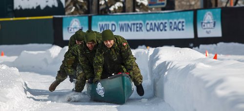 MIKE DEAL / WINNIPEG FREE PRESS
The 16/17 Field Ambulance team stoically work in unison to finish second behind The HMCS Winnipeg Hard Chargers Saturday afternoon at Shaw Park.
Wild Winter Canoe Race, where teams of five kick-stroke their canoes over a snow-packed course at Shaw Park raising money that will go towards the Sharing Together-Partager Ensemble Fund, a collaboration between the St.Amant and DASCH Foundations.
190216 - Saturday, February 16, 2019.