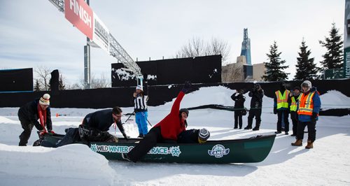 MIKE DEAL / WINNIPEG FREE PRESS
Members of the City Hall team "WinatobBarge Sweeps" cheer as they cross the finish line well ahead of the Provincial Government team "Team PC (Polar Conservatives)".
Wild Winter Canoe Race, where teams of five kick-stroke their canoes over a snow-packed course at Shaw Park raising money that will go towards the Sharing Together-Partager Ensemble Fund, a collaboration between the St.Amant and DASCH Foundations.
190216 - Saturday, February 16, 2019.