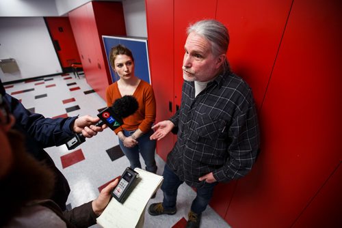 MIKE DEAL / WINNIPEG FREE PRESS
Katie Slessor and Mike Wolchock newly elected board members of Pollocks Hardware Co-op are interviewed after a vote during a special meeting at the Luxton Community Centre Saturday afternoon.
190216 - Saturday, February 16, 2019.