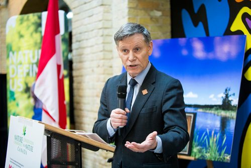 MIKAELA MACKENZIE / WINNIPEG FREE PRESS
Terry Duguid, MP for Winnipeg South, announces a land donation near Riding Mountain National Park, which will protect grasslands, lakes and wetlands, at the Forks in Winnipeg on Monday, Feb. 18, 2019.
Winnipeg Free Press 2019.